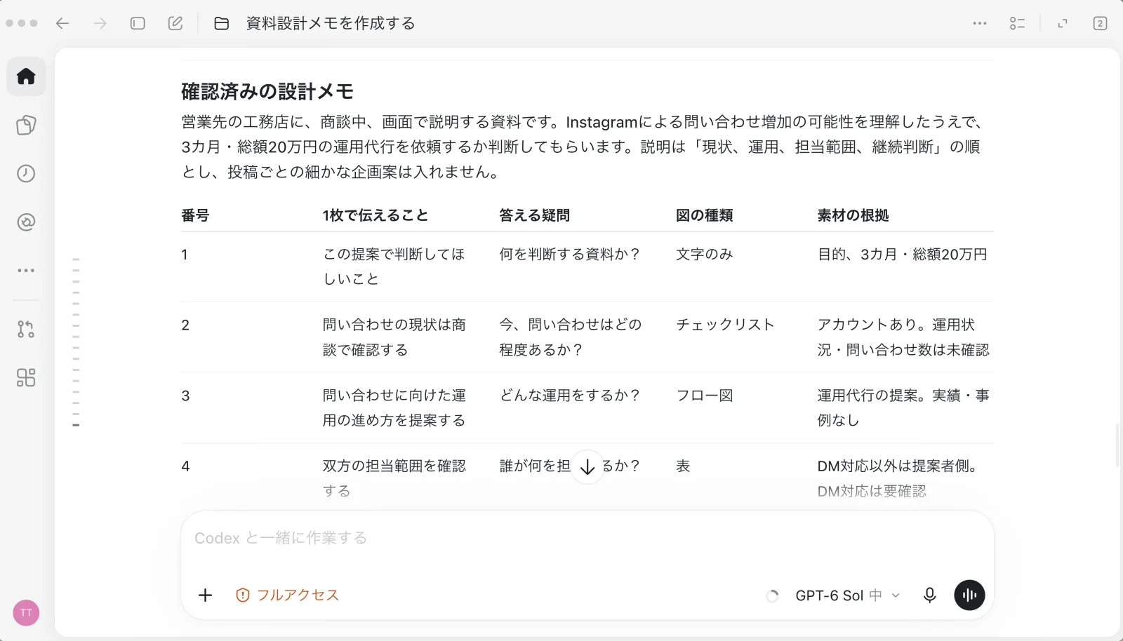 5枚分の構成を一覧にした表